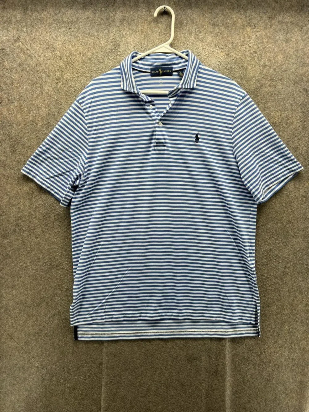 Ralph Lauren Polo Shirt Men Large Blue Striped Cotton Jersey Wicking Golf Knit